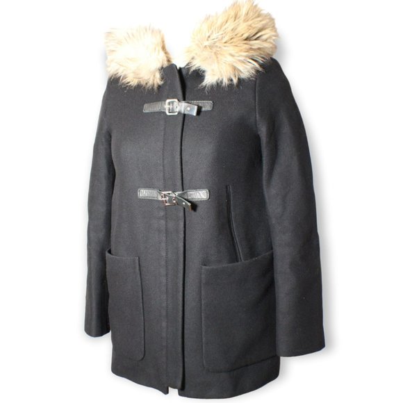 Zara Women's Black Hooded Coat Jacket With Faux Fur Trim Sz Small - Picture 1 of 7